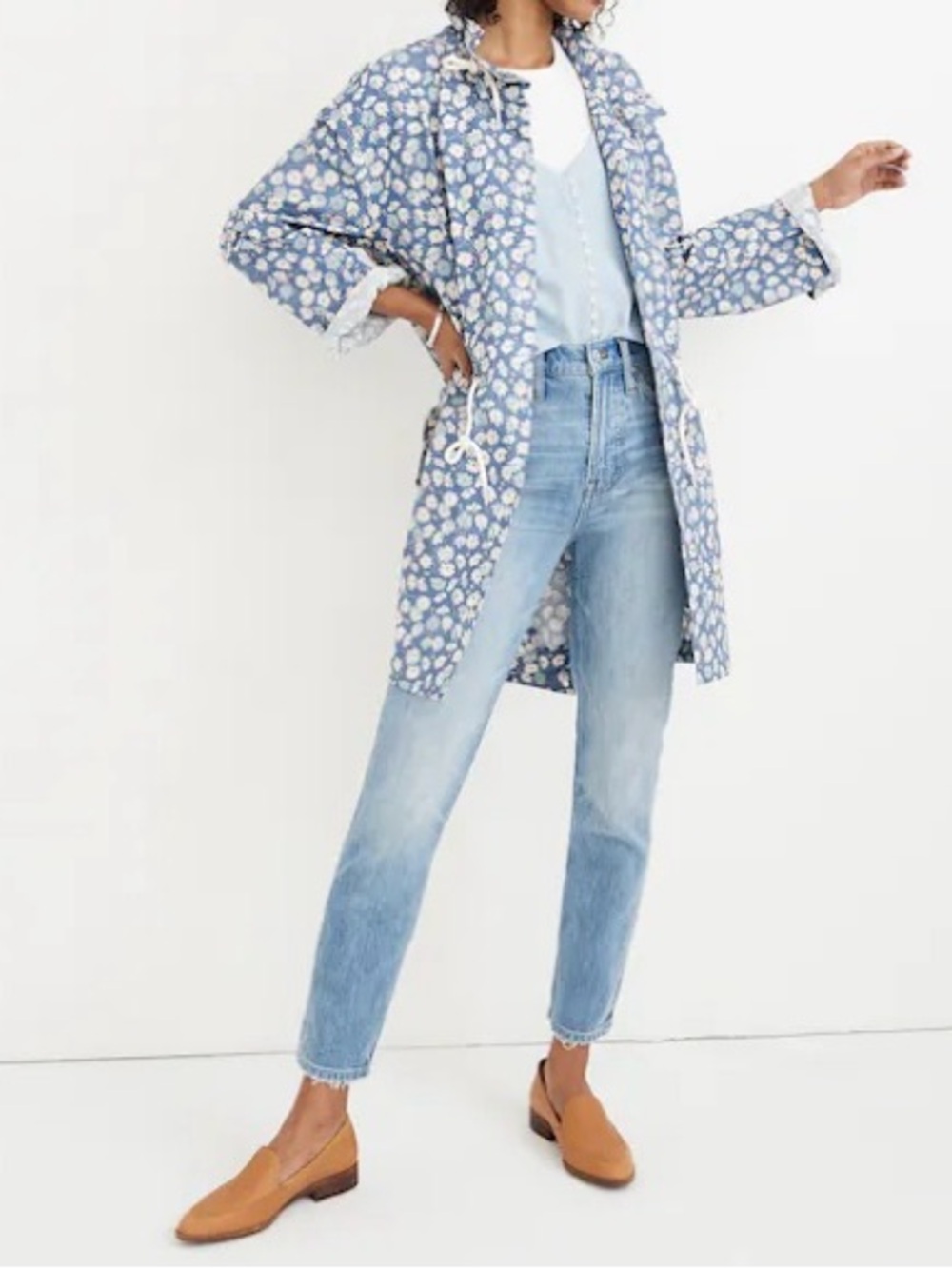 Madewell Ruffle Neck Anorak Raincoat French Floral Daisy Blue Drawstring XS